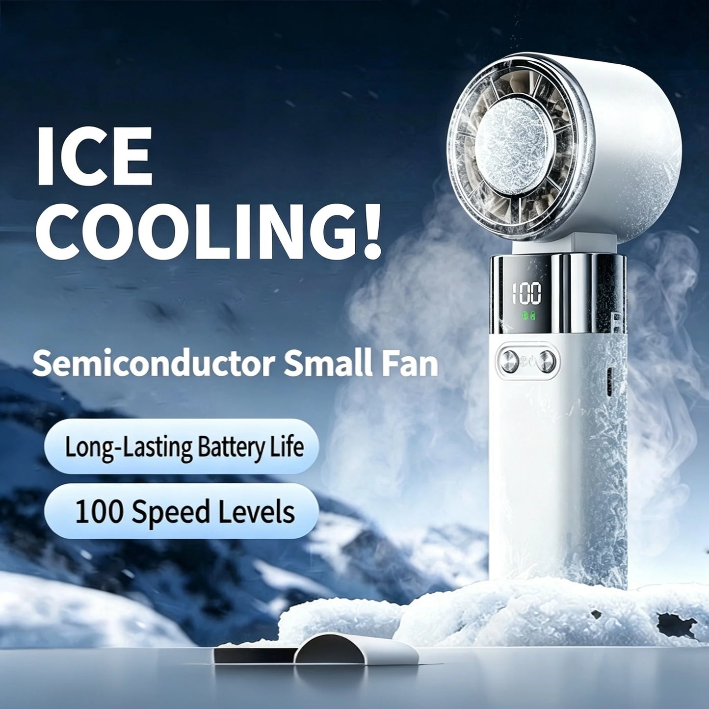 Handheld Fan with Semiconductor Cooling, Ice Compress, Ultra-Long Battery Life, Foldable Tabletop, Digital Display, Mini Fan
