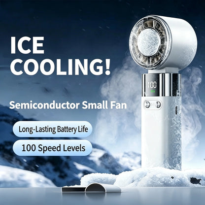 Handheld Fan with Semiconductor Cooling, Ice Compress, Ultra-Long Battery Life, Foldable Tabletop, Digital Display, Mini Fan