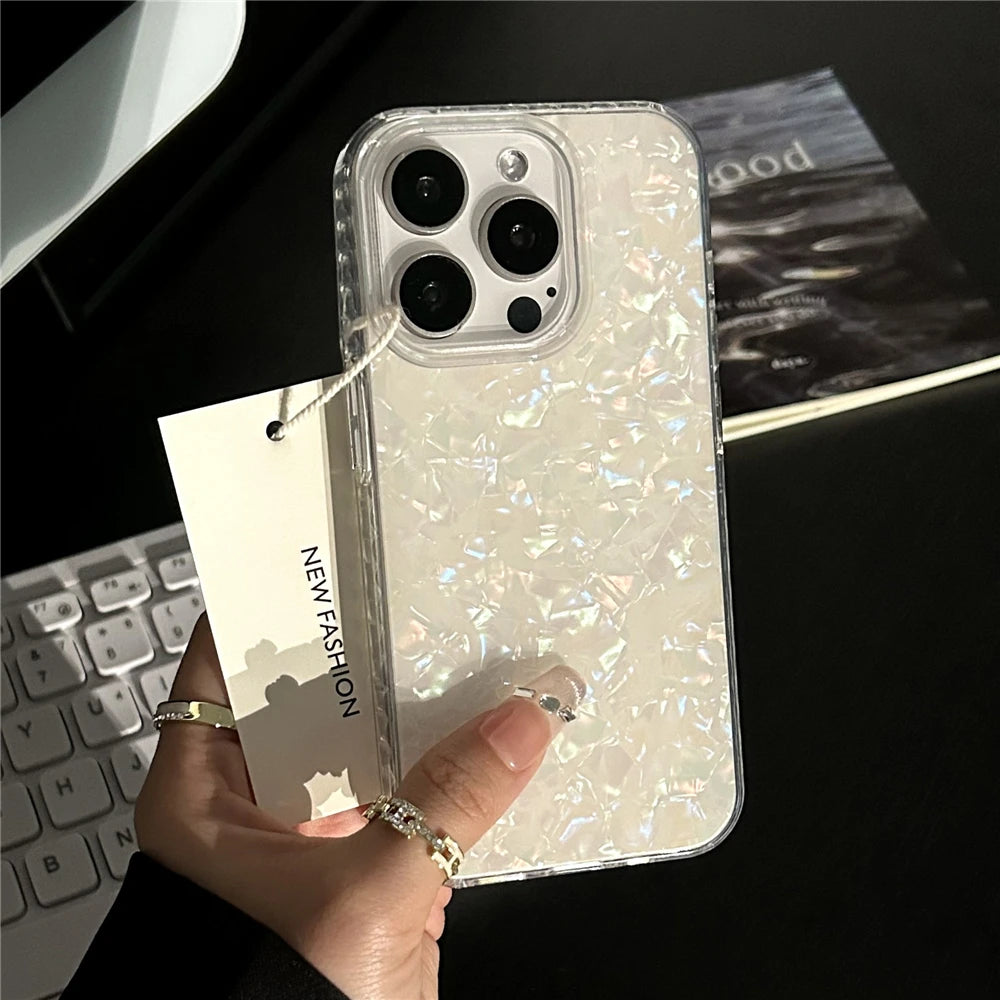 Luxury Glitter Shell Pattern Laser Case For iPhone 16 Pro Max 15 14 Plus 13 12 11 Aurora IMD Shockproof Protection Hard Cover