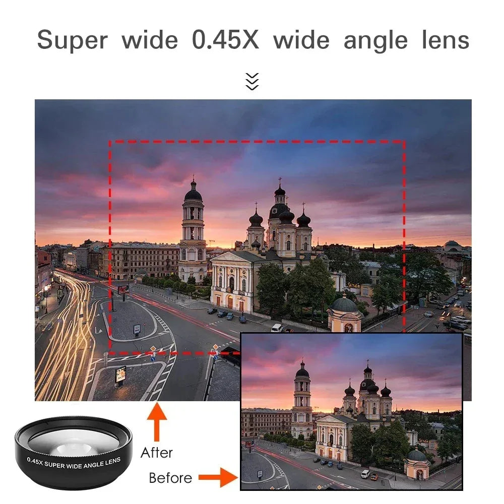 Professional 2 in 1 Lens Universal Clip 37mm Cell Phone Lens 0.45x 49uv Super Wide Angle + Macro HD Lens for All Smartphones