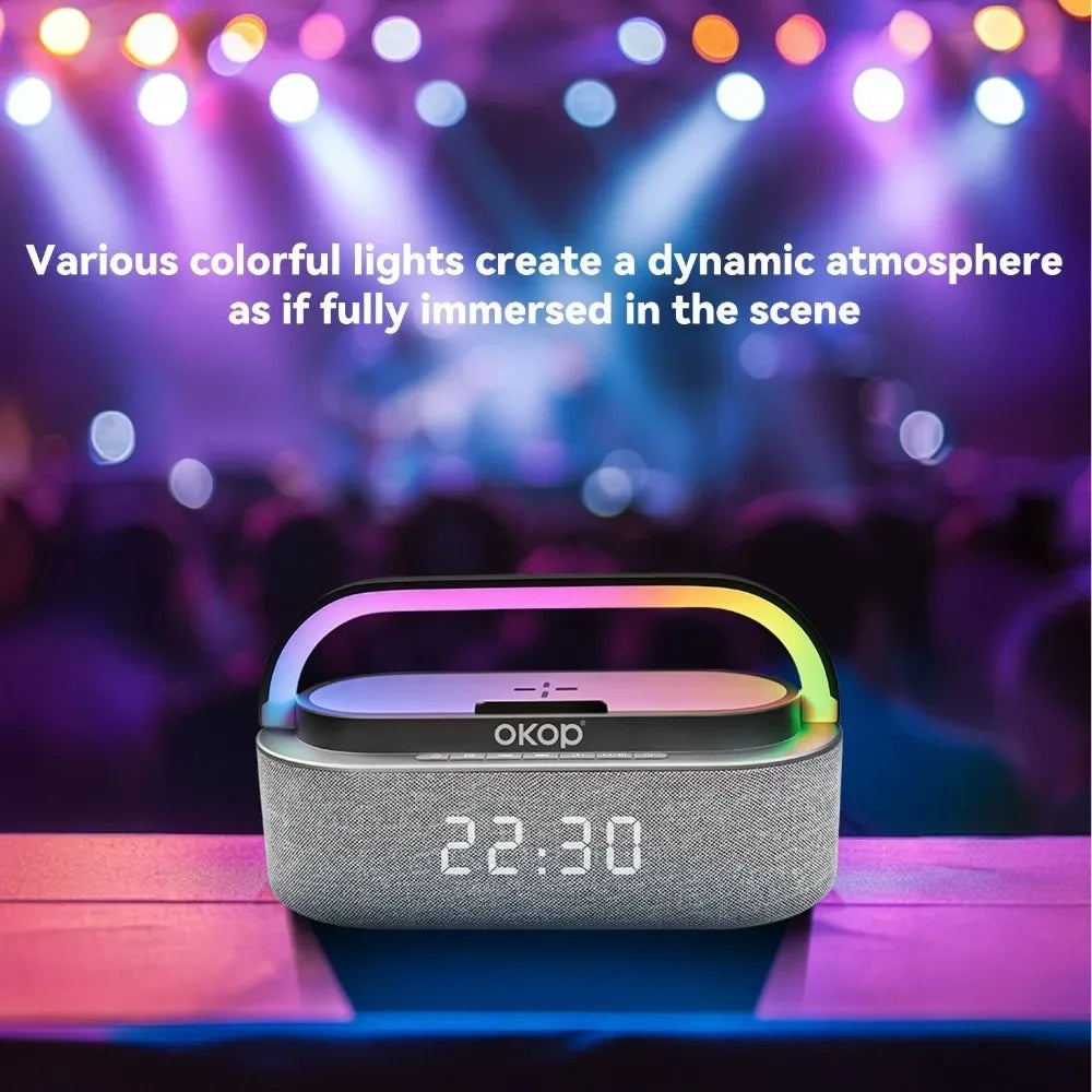 OKOP Bluetooth Speakers,6 in 1 Multi-function,Alarm Clock, Wireless Charger RGB Night Light , Audio,portable Speaker,White Noise
