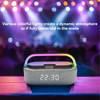 OKOP Bluetooth Speakers,6 in 1 Multi-function,Alarm Clock, Wireless Charger RGB Night Light , Audio,portable Speaker,White Noise