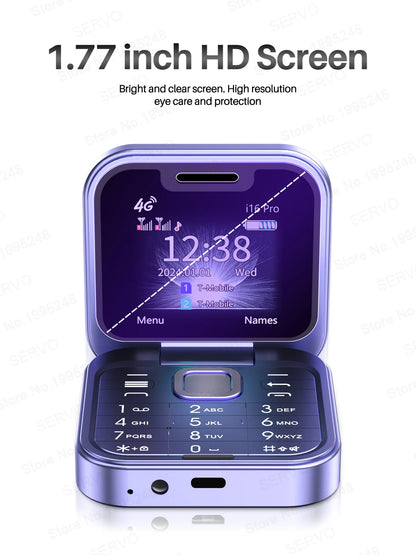 SERVO i16 PRO 4G LTE Mini Flip Mobile Phone Dual SIM Standby Call Recording Speed Dial FM Radio 1.77" Screen Foldable Cellphones