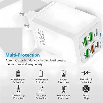 150W Multi Port USB Charger 6 Ports Fast Charge Phone Charger Wall Adapter For iPhone Samsung Xiaomi EU/US/UK Plug Quick Charger