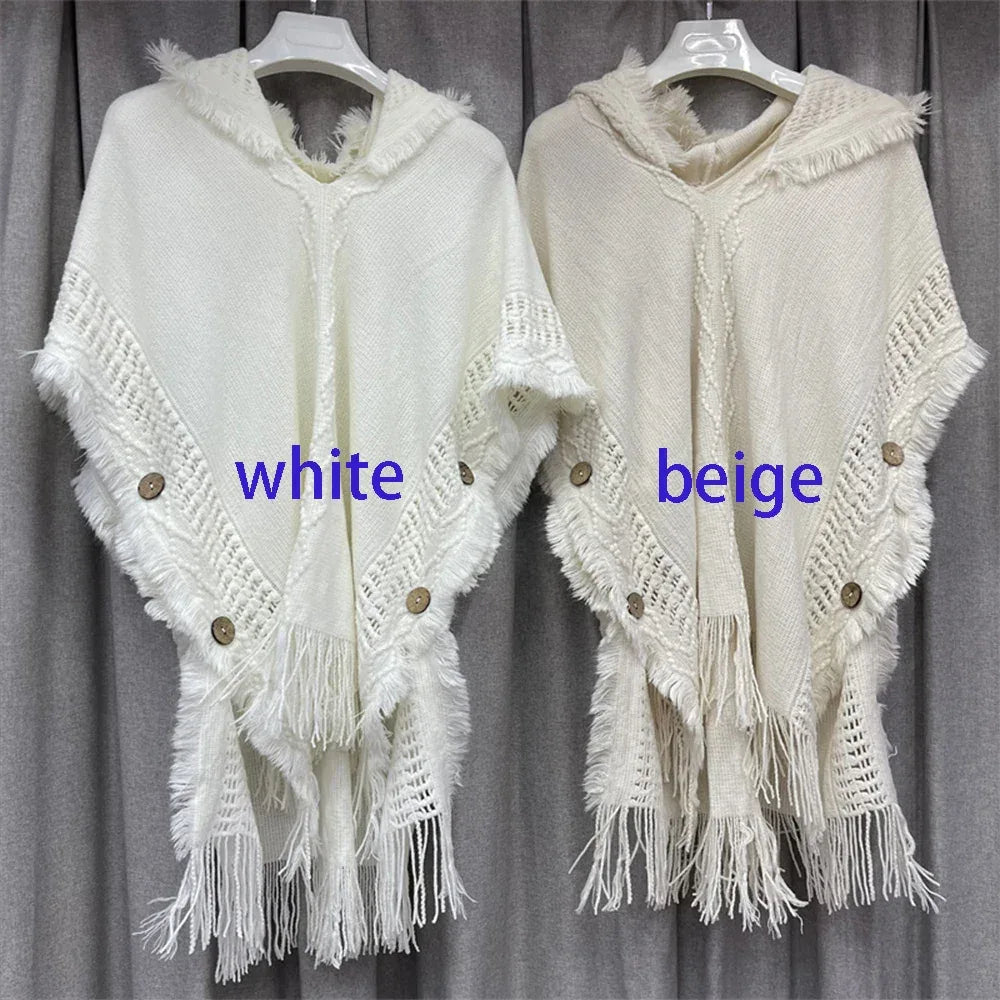 Women Knitted Cape Shawl Wrap Cloak Ethnic Hooded Poncho Hoody Jumper Sweater Tassels Dropshipping