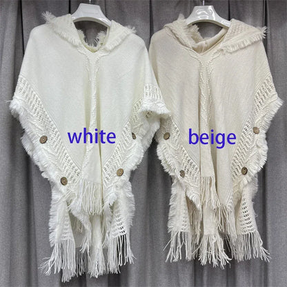 Women Knitted Cape Shawl Wrap Cloak Ethnic Hooded Poncho Hoody Jumper Sweater Tassels Dropshipping