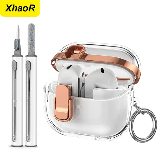 Transparent Secure Lock Earphone Cover For Samsung Galaxy Buds 3 / Buds 3 Pro Case Shockproof With Keychain Cleaning Accessories by PDG ibma