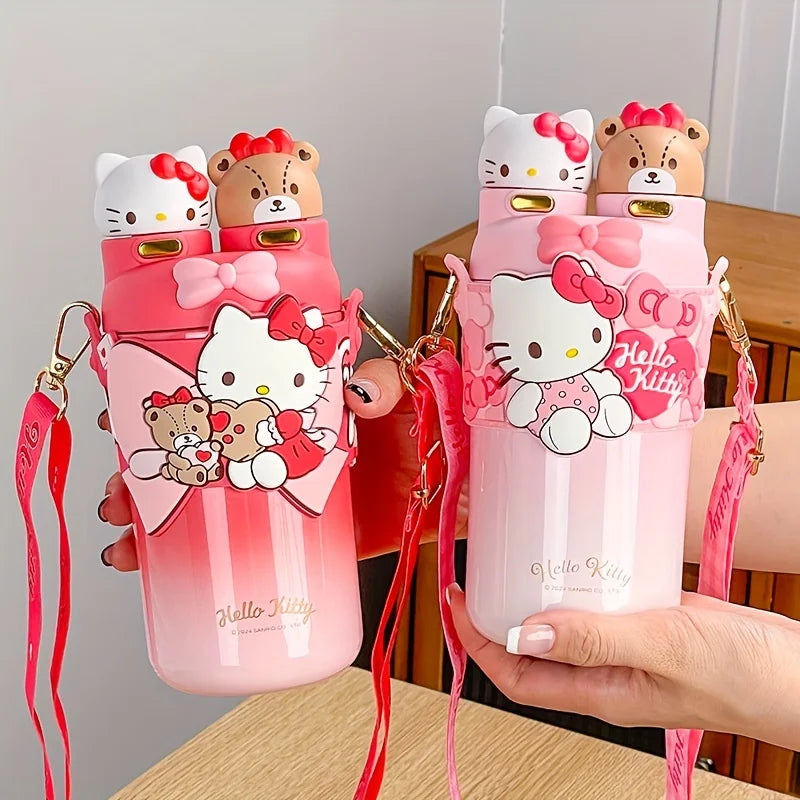 Hello Kitty Stainless Steel Insulated Cup, 550ML Portable Water Bottle for Outdoor Travel,Two Drinking Ways.  Cute Birthday Gift