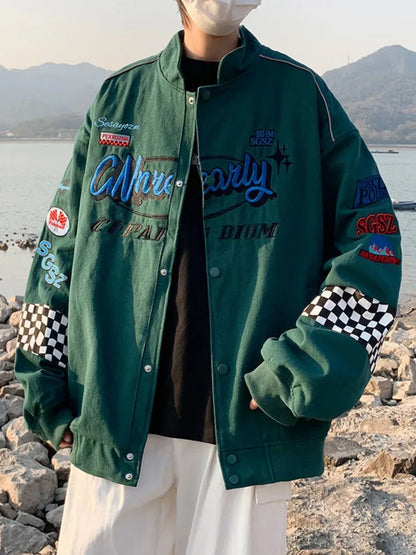 Embroidery Fashion Streetwear Racer Jackets Men Women Y2K HipHop Motorcycle Plaid Vintage Bomber Harajuku Autumn Jackets Coat