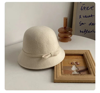 2024 Autumn Spring Fedoras Women Hat Elegant Vintage Bowknot Wool Ladies Hat Dome Felt Wedding Church Jazz Cap Female Bow Bowler