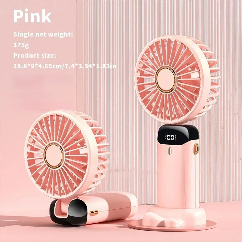 2026 New Handheld Mini Fan Foldable Neck Hanging Fans 5 Speed USB Rechargeable Fan with Phone Stand and Display Screen 1800mAh