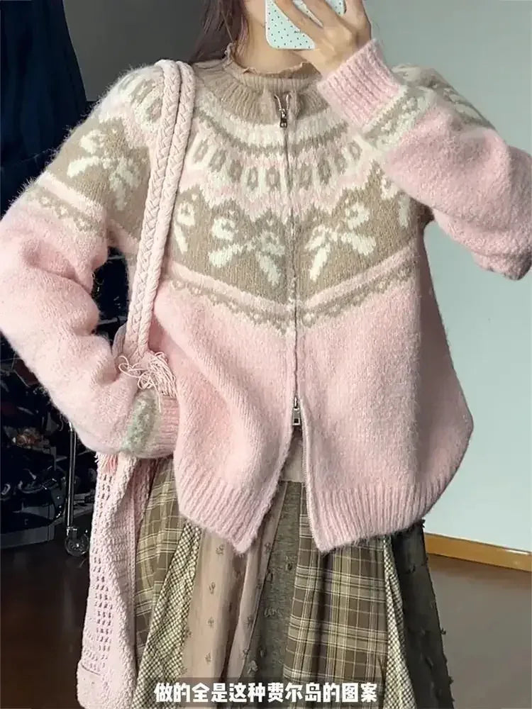 Cardigan Women Sweet Preppy Style Sweater Jacquard Knitted Soft Gentle Stylish Autumn Winter Outwear All-match Harajuku Chic