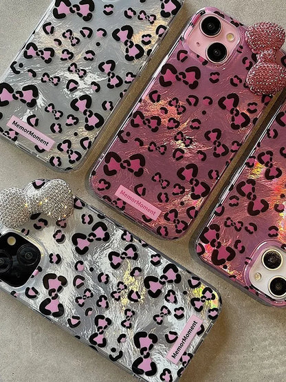 Sexy Leopard Diamond Bowknot Lustre Lining Phone Case for OPPO A18 A17 A16 A15 A38 A58 A78 A94 A74 A54 A57 A77 A53 A3X A40 A60