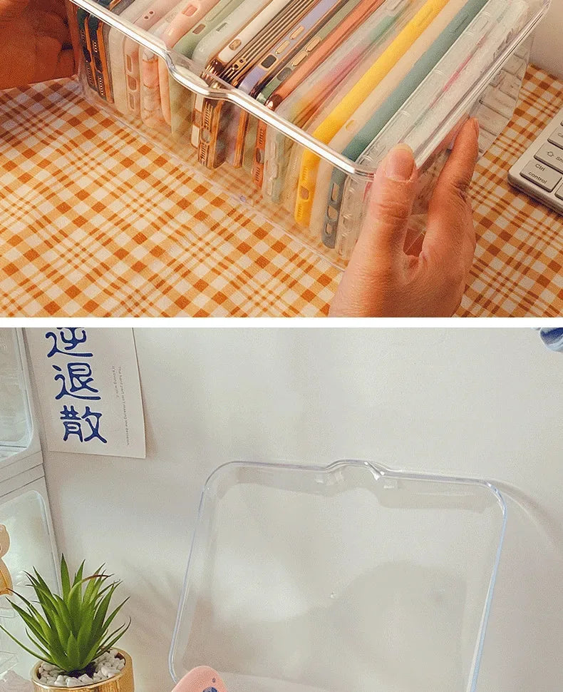 Ins Transparent Phone Case Organizer Storage Box with Cover Home Desktop Acrylic Sundries Storage Basket Phone Case Holder