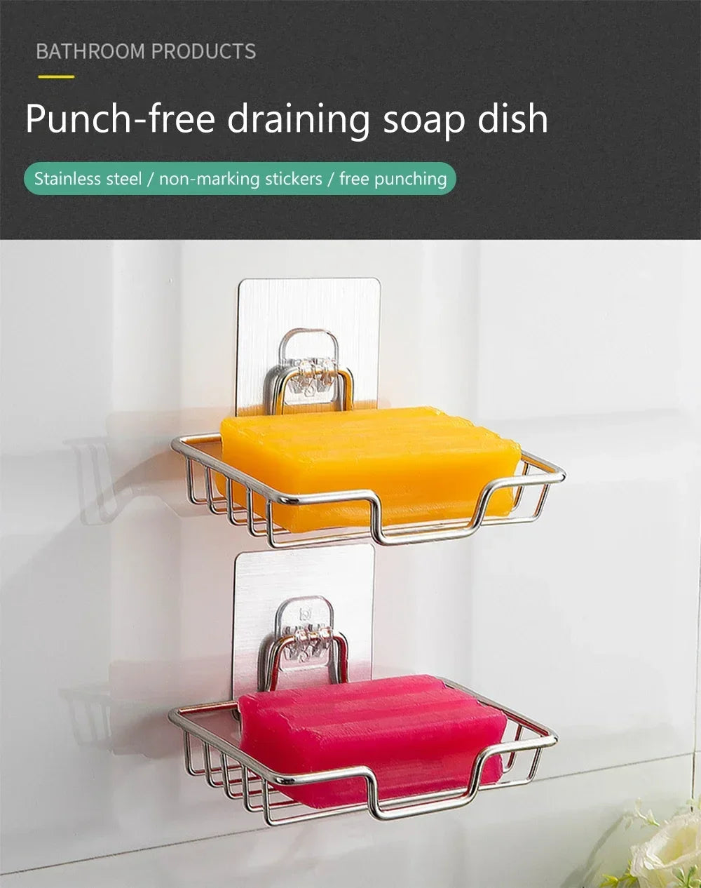 1Pcs Bathroom Soap Holder Wall Mounted Soap Rack Holder Stainless Steel Self Adhesive Soap Rack Wall Mounted Dish