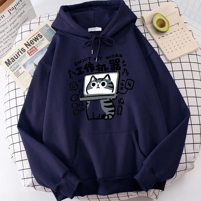 The Cartoon cat is an abstract working machine printed men's hoodie that is comfortable and casual
