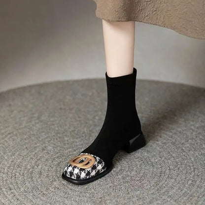 Women Mid Heels Chelsea Boots Chunky Suede Ankle Shoes Winter 2024 Fashion New Zipper Boots Pumps Walking Punk Warm Sock Botas
