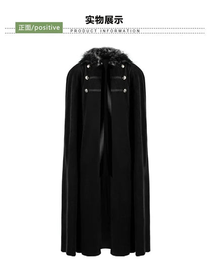 Men Punk Vintage Cape Casual Cloak Halloween Fur Collar Hooded Trench Medieval Costume Renaissance Party Autumn Winter Long Coat