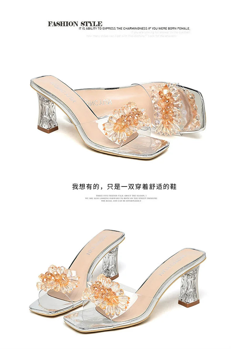 2023 Summer Square Head Open Toe Fashion Transparent Soft Flower Women's Slippers Crystal Heel New High Heel Sandals