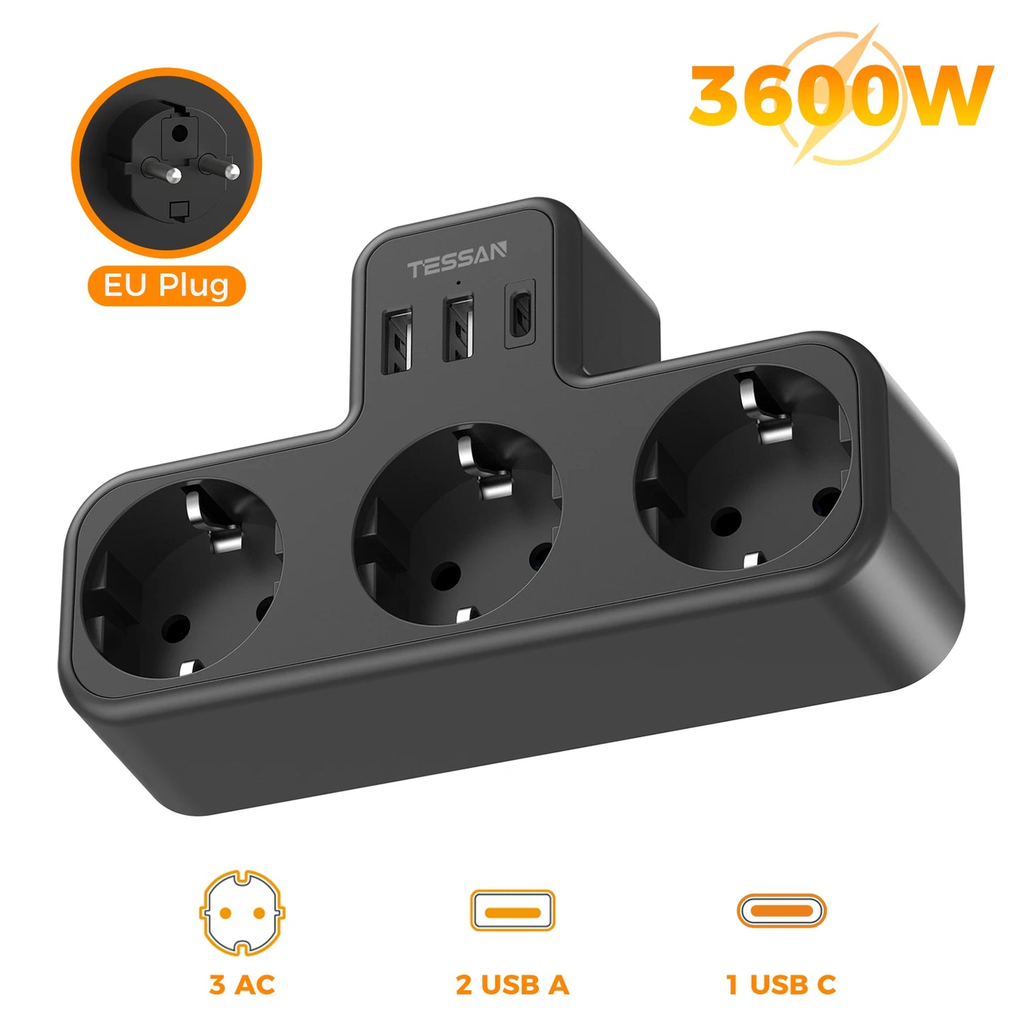 Tessan Multiple EU Standard USB Socket Wall Socket 6 in 1 Plug Socket with 3 AC Outlets with USB Charging Ports for Home Office