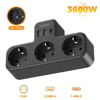 Tessan Multiple EU Standard USB Socket Wall Socket 6 in 1 Plug Socket with 3 AC Outlets with USB Charging Ports for Home Office
