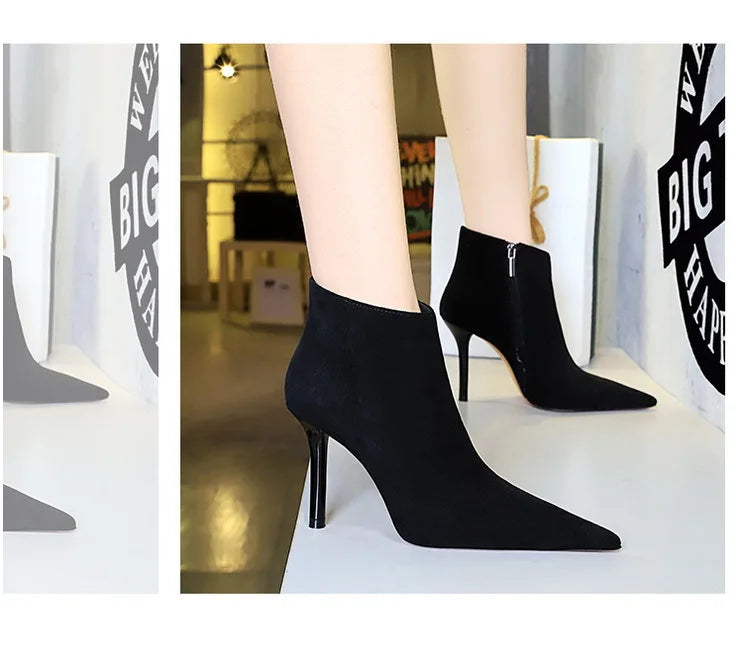 BIGTREE Shoes Suede Ankle Boots For Women Heels Winter Boots Pointed Stilettos High-heeled Boots Side Zipper Black Short Boots