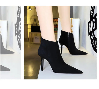 BIGTREE Shoes Suede Ankle Boots For Women Heels Winter Boots Pointed Stilettos High-heeled Boots Side Zipper Black Short Boots