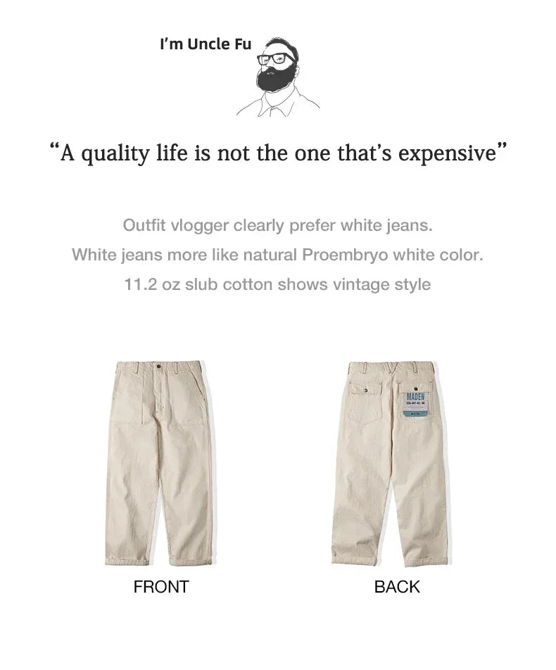 Maden Retro Cotton Seed Shell White Denim Jeans 11.2OZ Loose Straight Long Pants Cargo Pants Sweatpants Men Causal Trousers