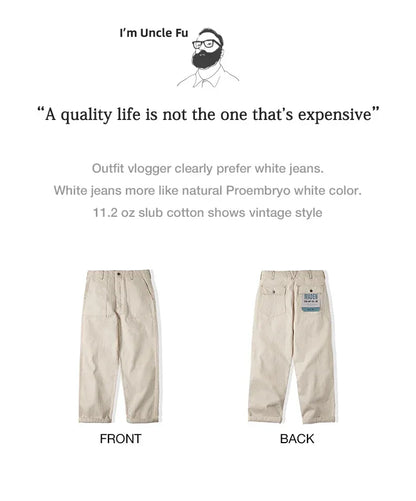 Maden Retro Cotton Seed Shell White Denim Jeans 11.2OZ Loose Straight Long Pants Cargo Pants Sweatpants Men Causal Trousers
