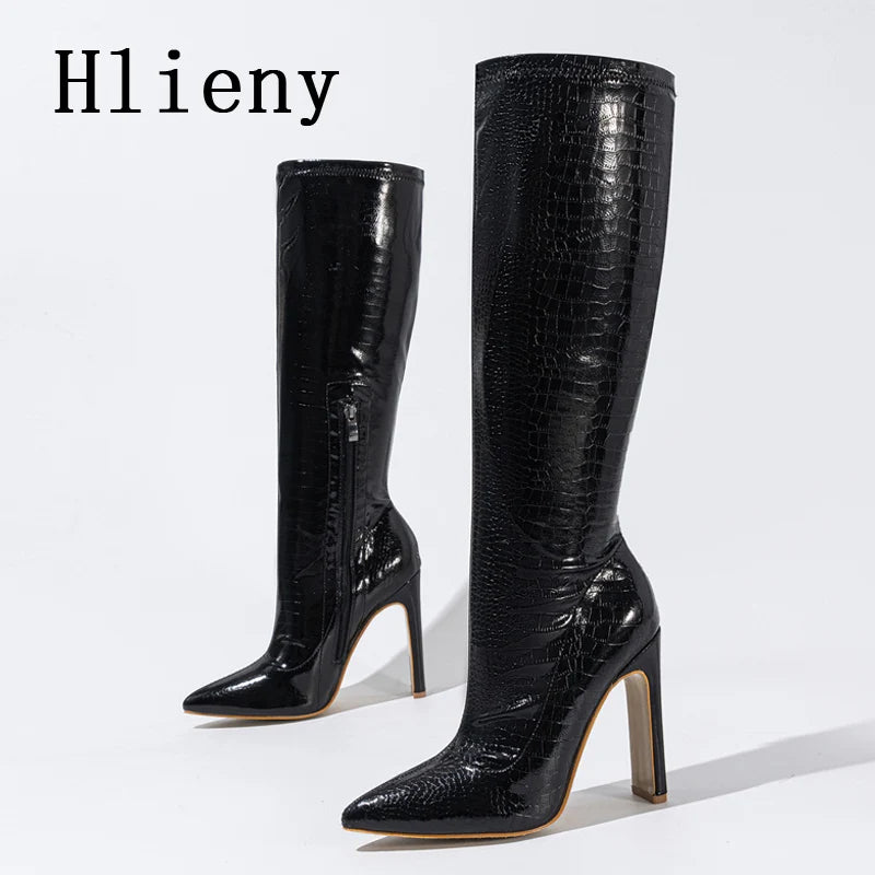Hlieny Autumn Winter Fashion Women Knee High Motorcycle Boots Sexy Pointed Toe Square Heels Long Zipper Female Botas Shoes