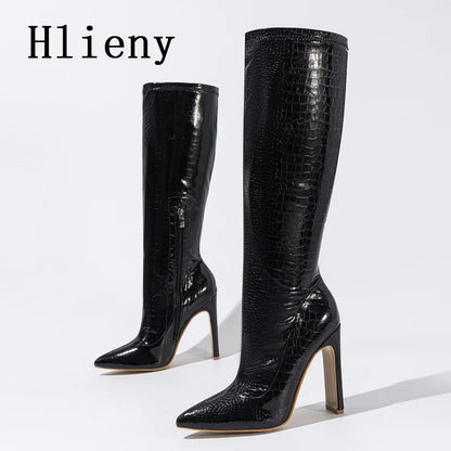 Hlieny Autumn Winter Fashion Women Knee High Motorcycle Boots Sexy Pointed Toe Square Heels Long Zipper Female Botas Shoes