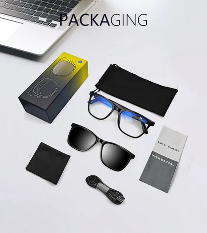 Hot GS05 Smart Glasses For Men 2 in 1 UV Protection Portable Polarized Anti-blue light Black Frame White Lenses Music Sunglasses
