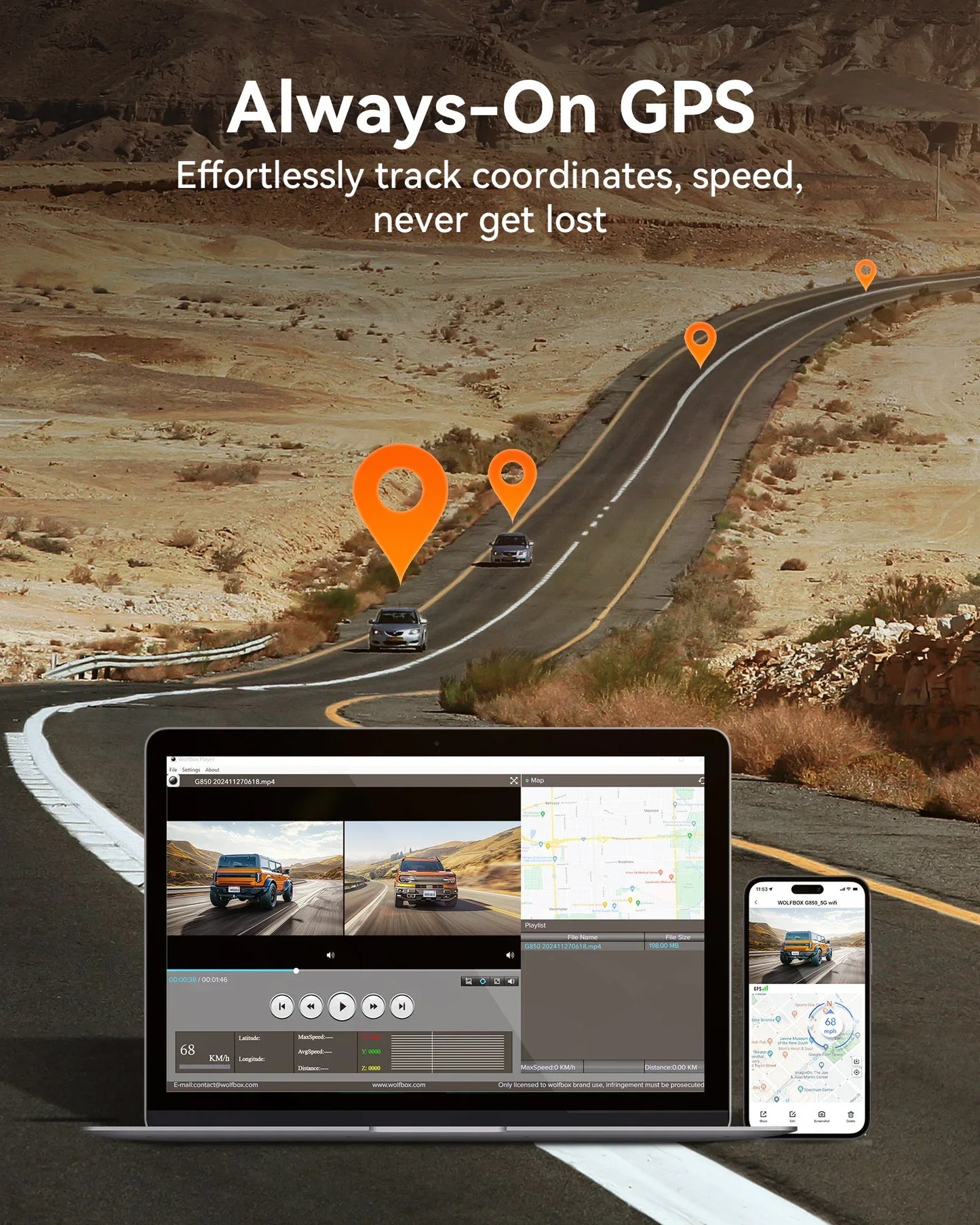 WOLFBOX G850 Front and Rear 4K 5.8Ghz WIFI Voice Control Dash Cam Car Camera WDR 1080P Dash Camera GPS Night Vision 24H Parking