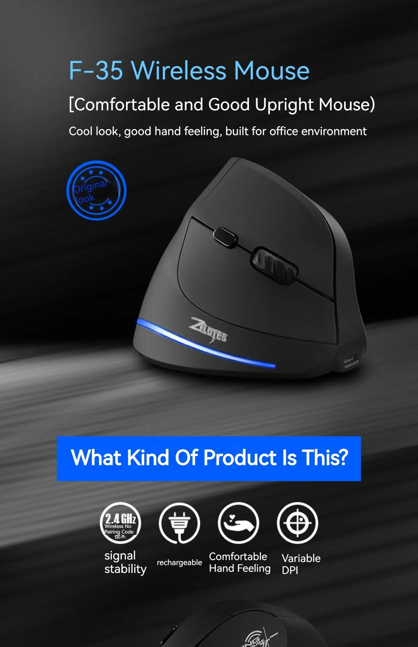 Zelotes F-35 Wireless Gaming Mouse Vertical Rechargeable 6 Key Mice 2.4G 3 Level DPI Adjustable Office/Gaming Computer Mouse