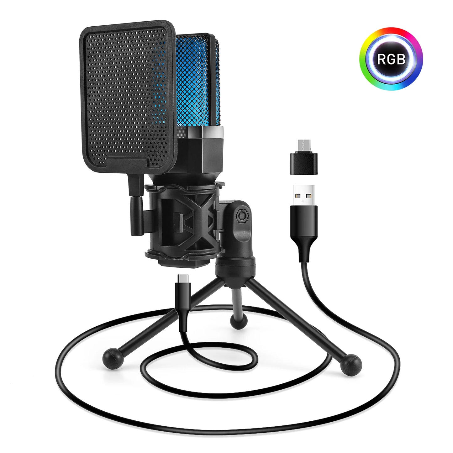 Professional Microphone Condenser Gaming Mic PC Laptop Computer USB Wired Streaming Studio Podcast Mike Kit Gamer RGB PC Karaoke