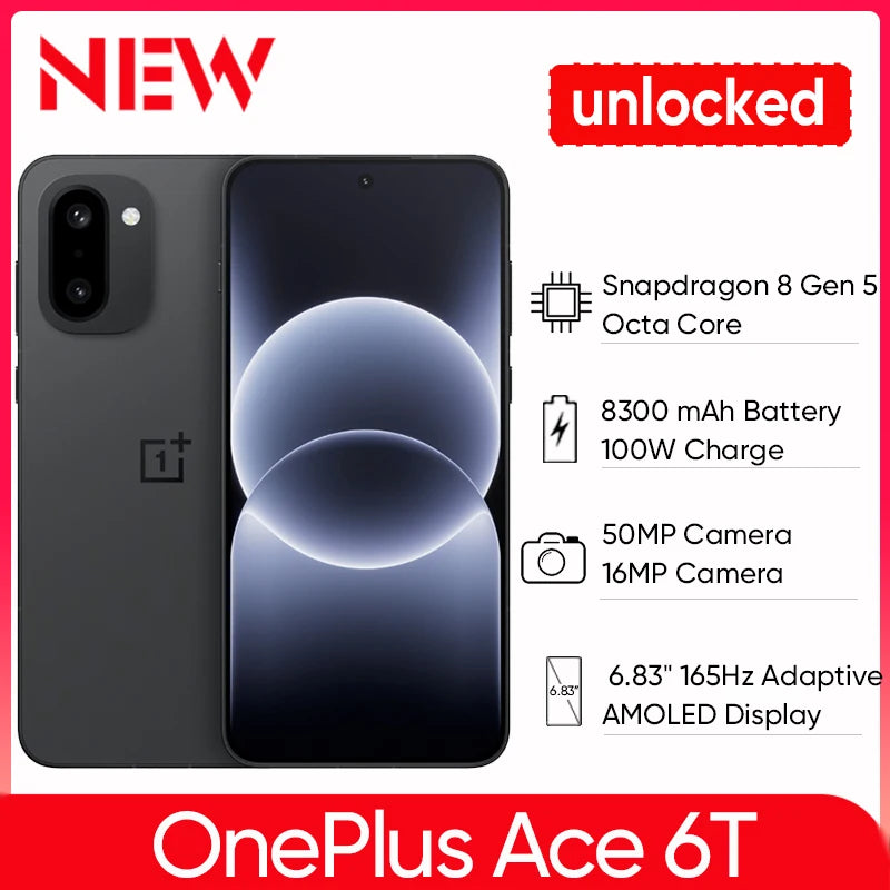 Oneplus Ace 6T Original ROM NFC Snapdragon 8 Gen 5 Smartphone 6.83''165 Hz AMOLED Display 8300mAh Battery 100W SUPPERVOOC IP69K