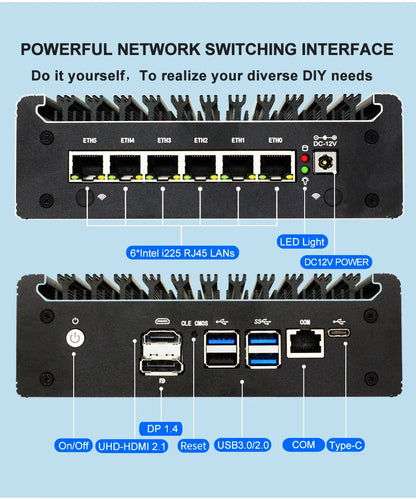 Intel Pentium Gold 8505 Soft Router 6 Lans I226-V 2.5G Fanless Mini PC COM HD DP USB Type-C DDR5 SATA PfSense Firewall Appliance