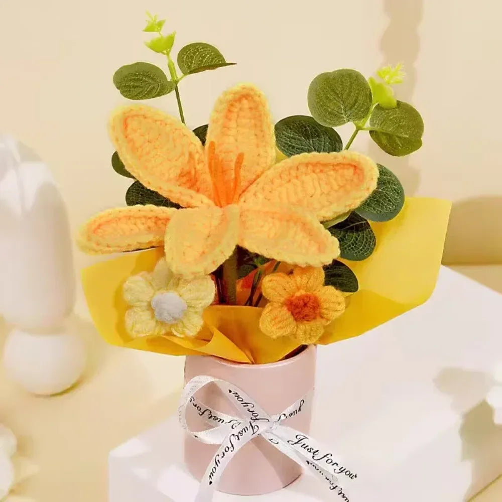DTCTK Knitted Flower Bouquet Crochet Rose Flowers Hugging Bucket Christmas Gifts Living Room Desk Decoration Valentine's Day Gif