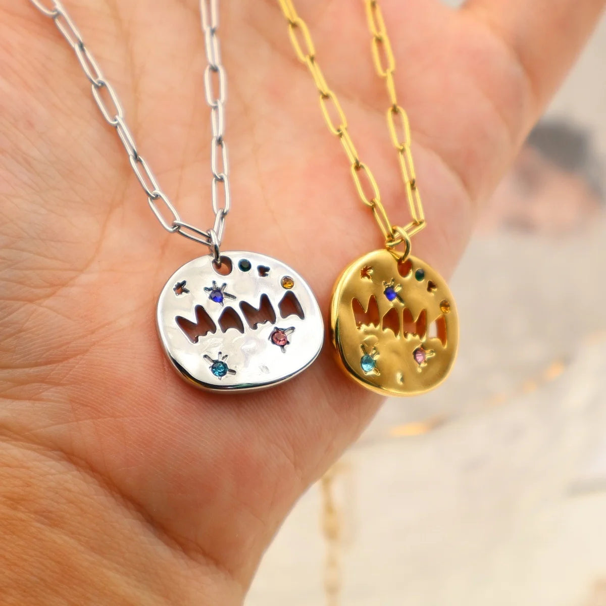 Mother's Day Thanksgiving Pendant Necklace Colorful Full Zircon Irregular Round Letter Mama Stainless Steel Paperclip Necklace