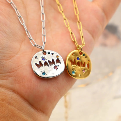 Mother's Day Thanksgiving Pendant Necklace Colorful Full Zircon Irregular Round Letter Mama Stainless Steel Paperclip Necklace
