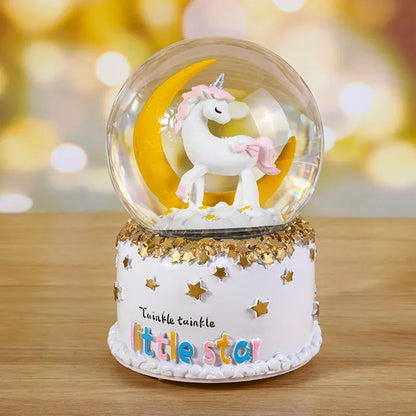 Unicorn Crystal Ball with LED Light Music Snow Globe Musical Box Resin Desktop Decoration Gift for Girls Kids Christmas Birthday