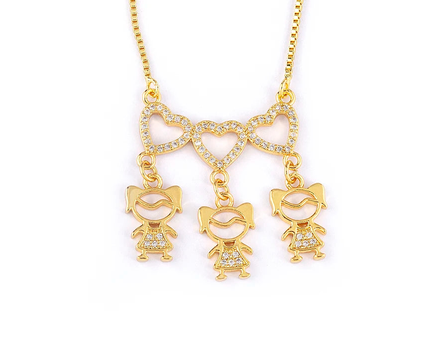 Nidin Exquisite Gold Plated Mom Daughter Necklace Girl Boy Pendant Chain Choker Cubic Zirconia Jewelry Mother's Day Gift