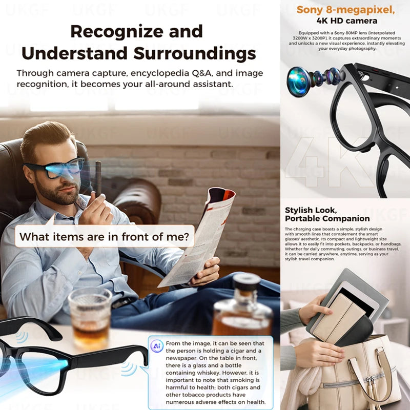 2026 New 8MP Camera Smart AI Glasses 3600mAh Charging Case Power Bank 1080P HD Camera ChatGPT 32GB Translation Video Sunglasses