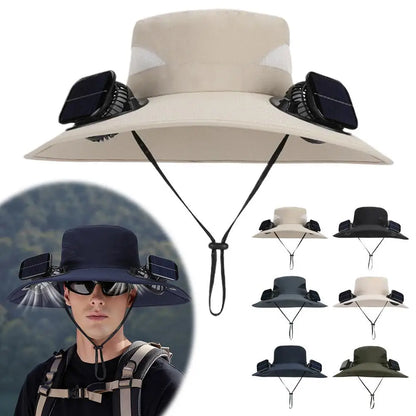 Solar Fan Hat for Men Women, Wide Brim Sun Protection Hat with Dual Solar Fans, 2-in-1 Hands-Free Cooling Cap for Hiking & Work