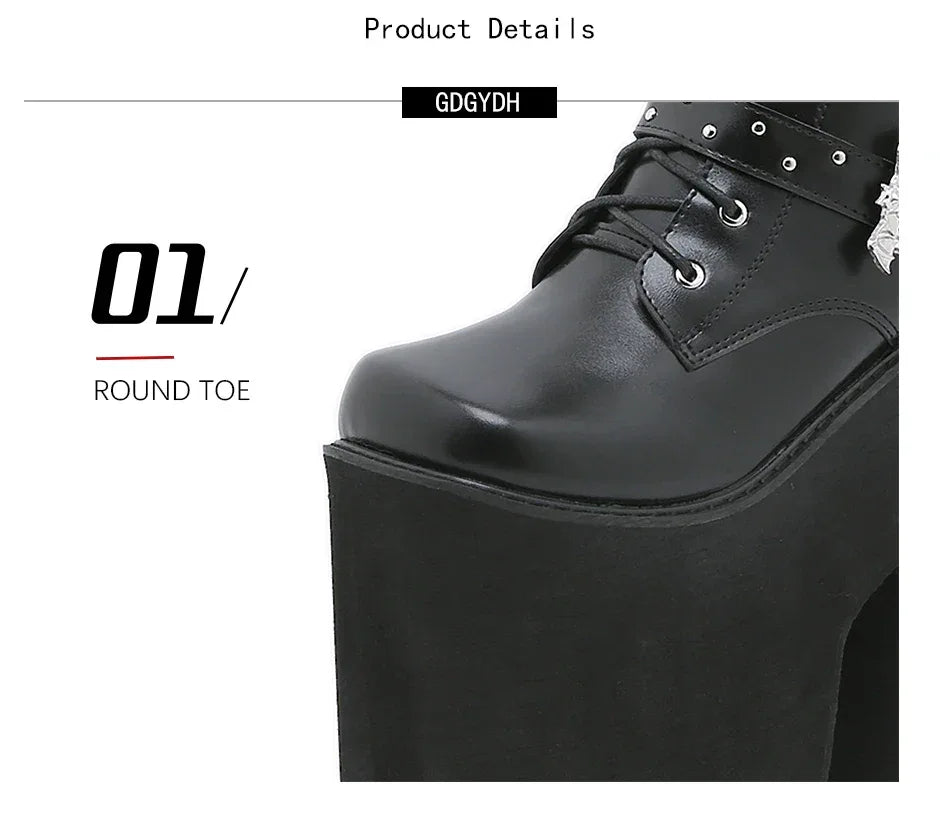 Gdgydh Lace up Chunky Heel Mid Calf Booties for Women Block High Heel Platform Combat Boots Gothic Metal Bat Gothic Shoes