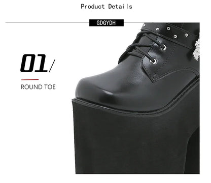 Gdgydh Lace up Chunky Heel Mid Calf Booties for Women Block High Heel Platform Combat Boots Gothic Metal Bat Gothic Shoes