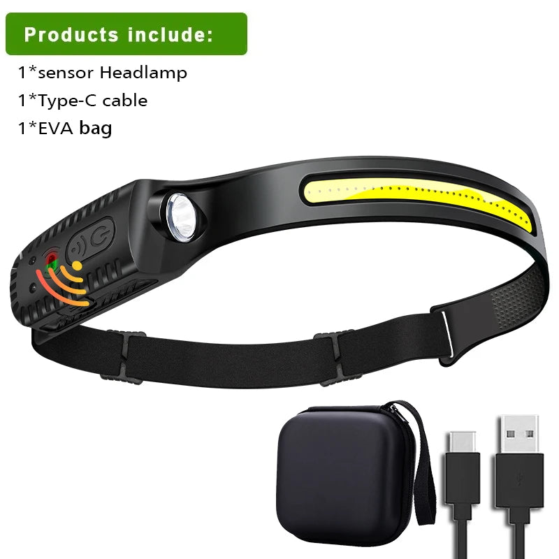 USB Rechargeable Head Torch Induction Headlamp COB LED Sensor Head Lamp Built-in Battery Flashlight 5 Lighting Modes Headlight