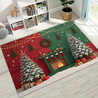 Happy New Year Merry Christmas Tree Santa Claus Cartoon Gift Carpet Rug for Bedroom Living Room Sofa Home Doormat Decor,Non-slip