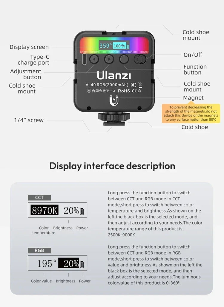 Ulanzi VL49 RGB Video Lights Mini LED Camera Light 2000mAh Rechargable LED Panel Lamp Photo Video Lighting for Youtube Tik tok