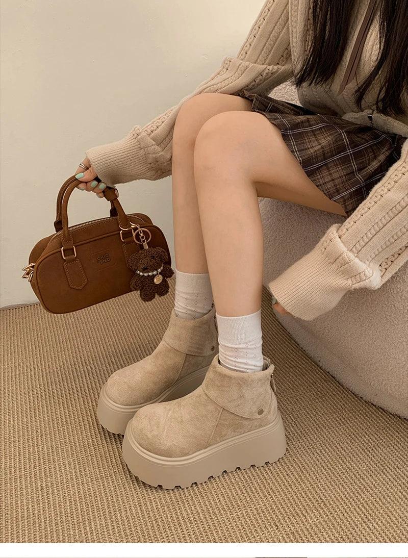 Winter Fashion Platform Heels Women Ankle Boots Keep Warm Height Increase  Short Booties Shoes Zapatos Mujer